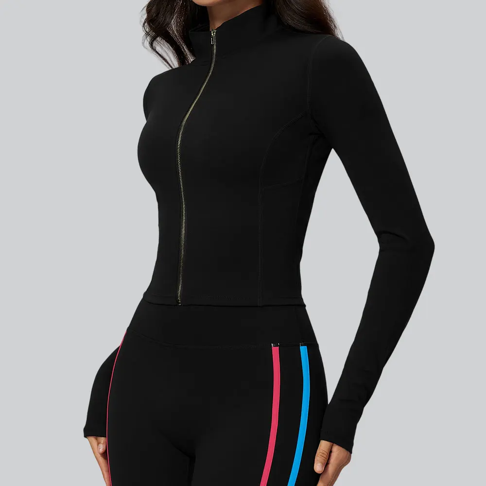 Women Outdoor Sports Jacket Yoga Long Sleeve Zip Up Workout Shirt Thumb Hole High Neck Slim Fit Gym Running Fitness Top Athletic