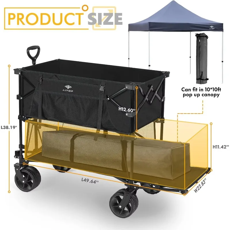XMSJ Heavy Duty 400L Large Capacity Folding Collapsible Wagon Cart Double Decker Wagon With Brakes