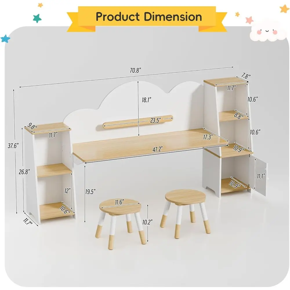 Kids Desk with Storage and 2 Stools, Wooden Children Study Desk and Chair Set with 5 Bookshelves & Cabi, Montori Cloud-Style Art