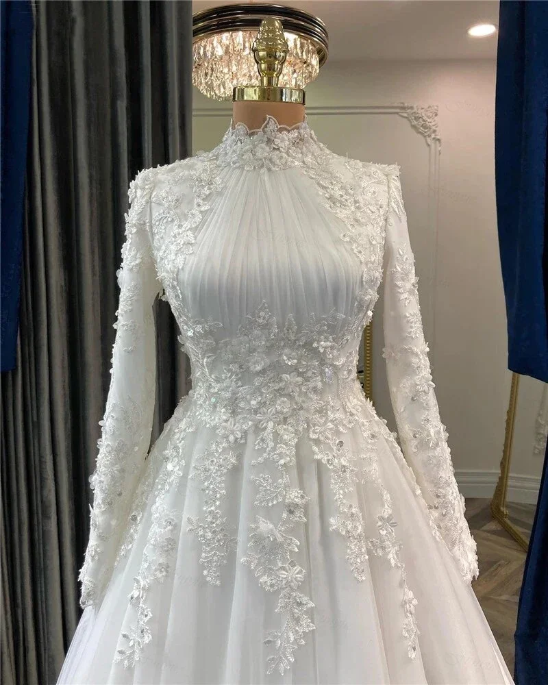 Elegant Muslim Wedding Dress for Bride WIth Appliques Flowers Arabic Dubai Long Sleeves Bridal Gown Tulle Robe De Mariage image 2