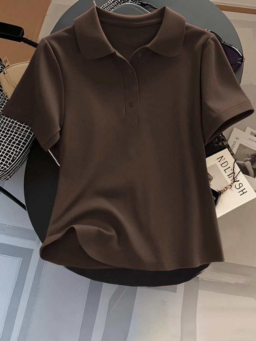 

Loose Fit Women's Neck Short Sleeve Cotton T-Shirt Casual Button up Top Korean Style Summer Fashion Ladies' Shirt