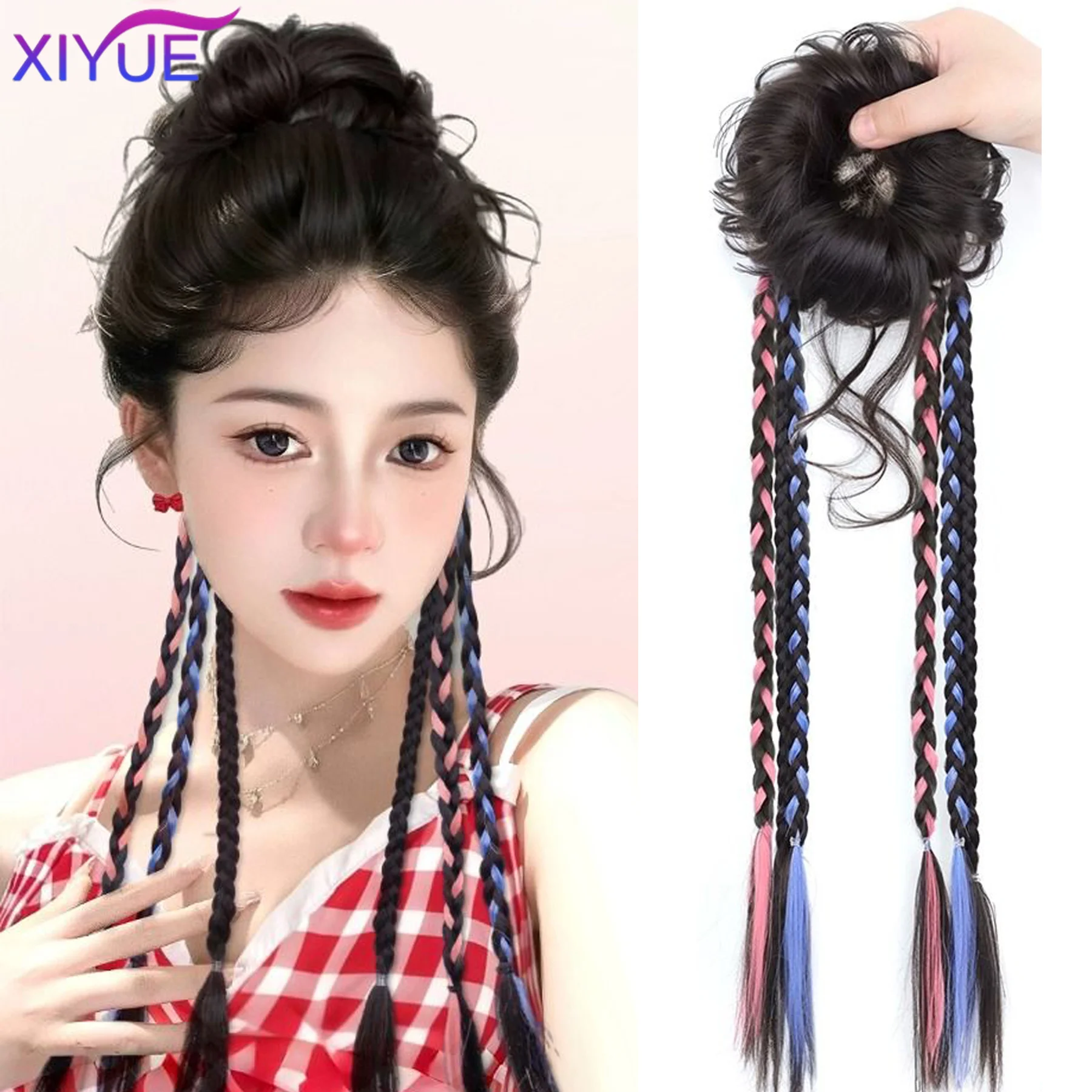 

XIYUE Synthetic Messy hair Braid With Ribbon Bun To Create New Chinese Style Elastic Hairpiece Style Boxing Twist Braid Ponyta