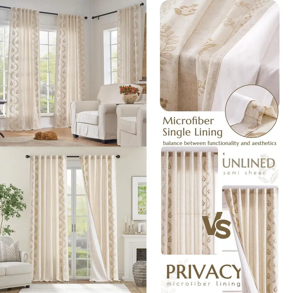 

Богемные льняные шторы с цветочным узором, 96 бежевых вышитых занавесок, комплект из 2 панелей для спальни и гостиной