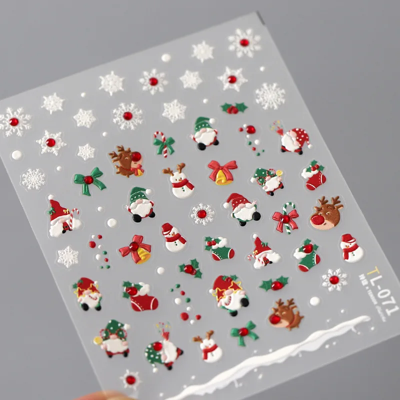 하이 퀄리티 크리스마스 시리즈 엠보싱 네일 아트 스티커, 5D 입체 네일 스티커, 크리스마스 눈사람 네일 스티커, 1 개