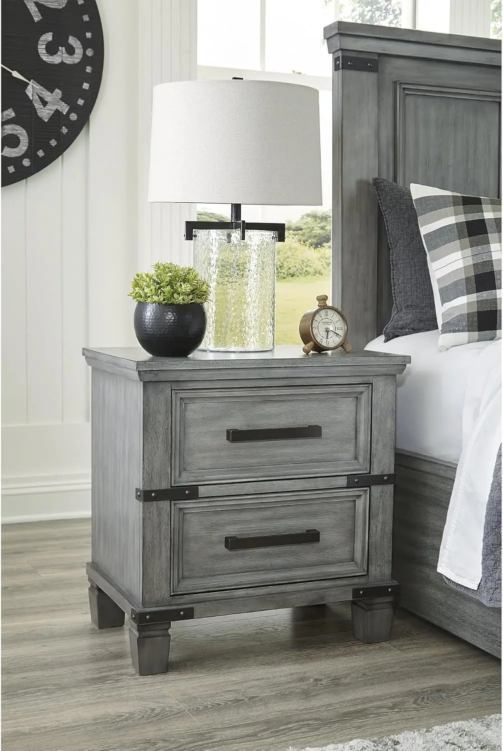 Rustic 2 Smooth-Gliding Drawers Night Stand with Outlets & USB Ports, Gray