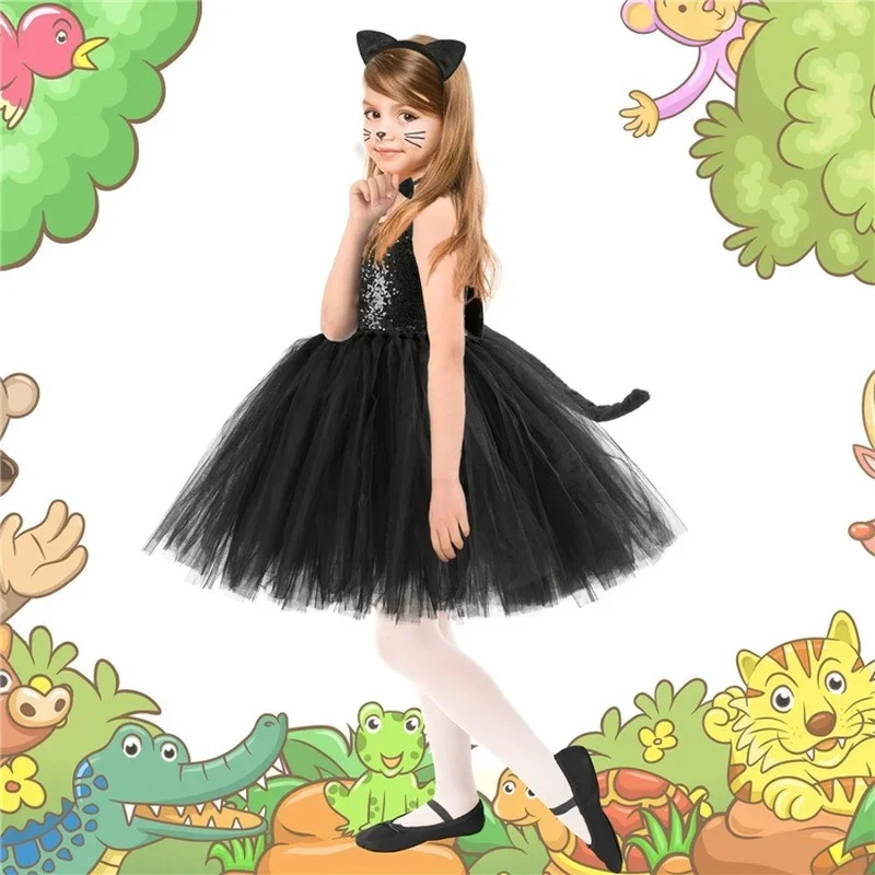 Kid Halloween Party Cosplay Black Cat Ear Headband Hairband Performance Stage Dance Wear Costume Set Clothes