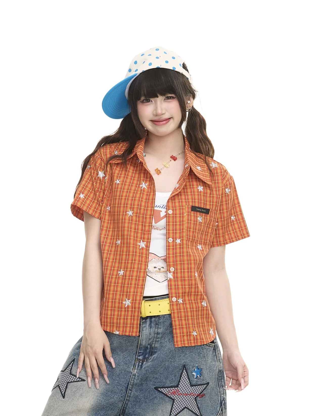 

Retro American Plaid Short Sleeve Shirt Women Summer Spicy Girl Casual Versatile Short Top Slim Fit Elastic Fiber Daily Wear