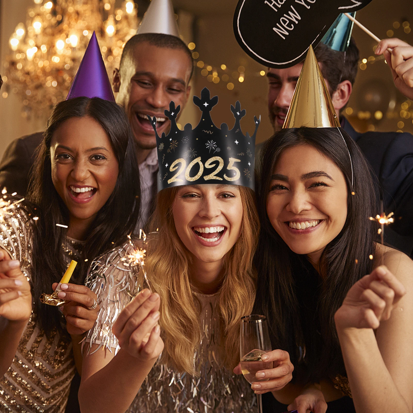 

6Pcs New Year Crown Paper Hats Cute Party Photo Props for Happy New Year 2025 Eve Celebration Accessories Party Hats for Adults