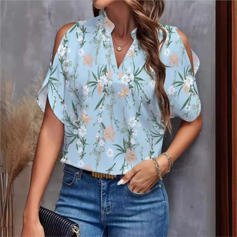 

Summer Elegant Women's Blouse New V-neck Short Sleeve Floral Printed Loose Shirt Casual White Tops Office Lady Fashion Blouses