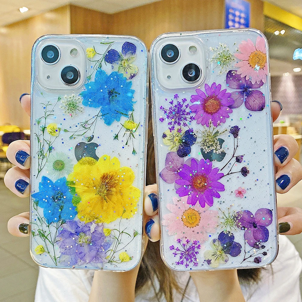 Dried Flower Silver Foil Glitter Phone Cases For iPhone 14 13 12 11 Pro Max XS Max XR X 7 8 Plus Transparent Soft Silicone Cover