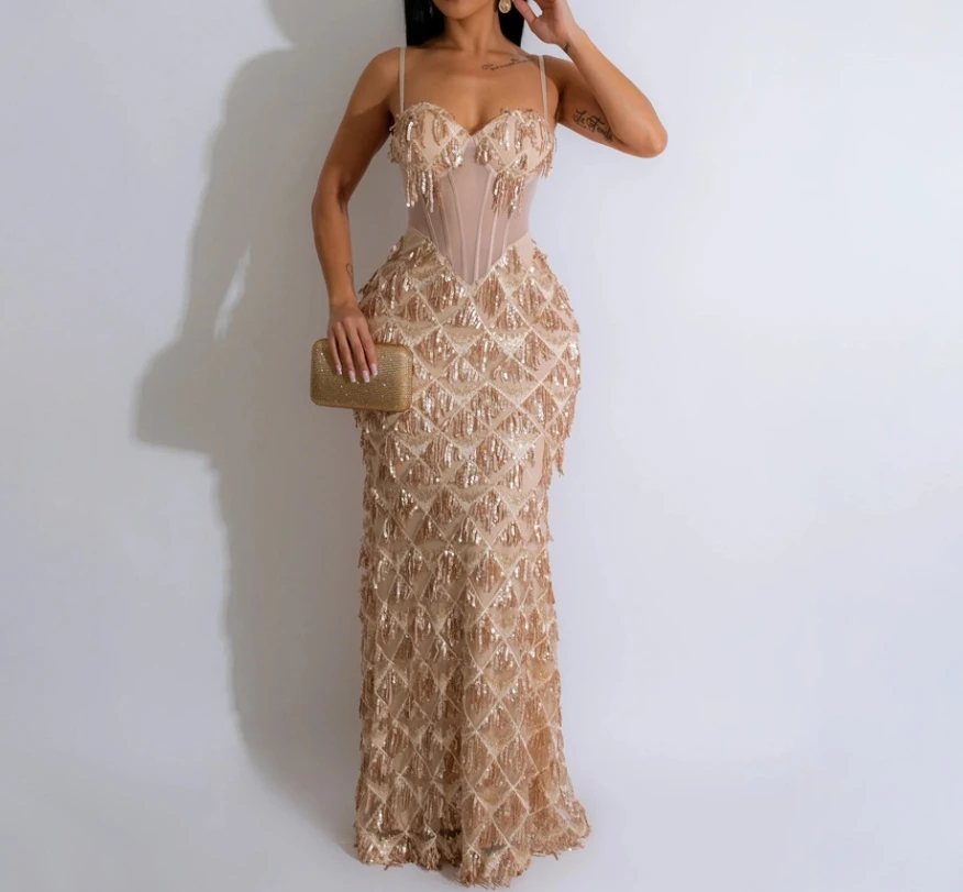 Women's Dress Sexy Formal Party Gown Low Cut Spaghetti Strap Mesh Patchwork Sequin Tassel Design Slim Wrap Hip A-line Maxi Dress