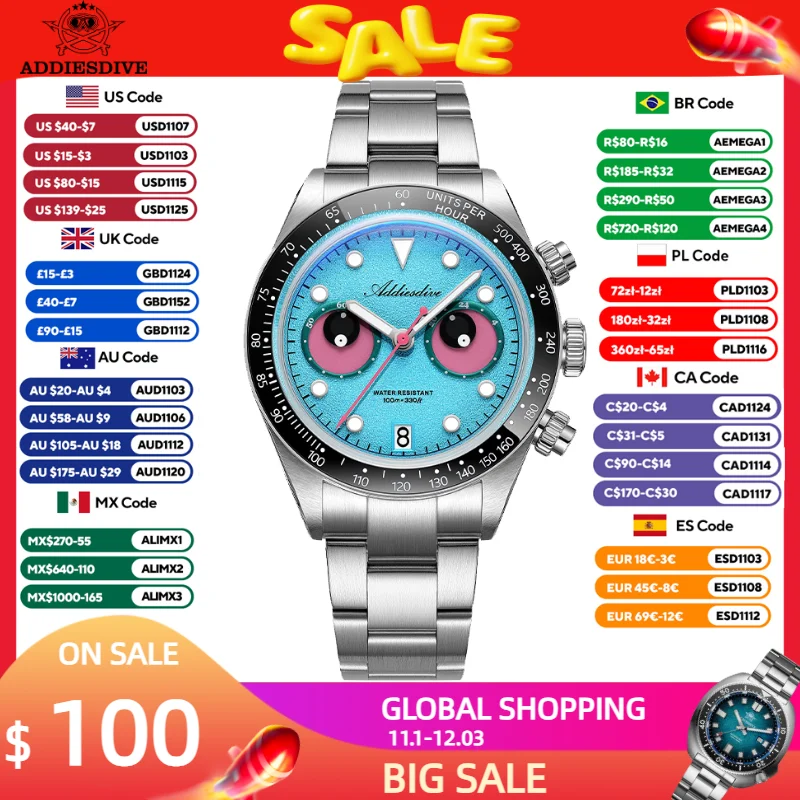 ADDIESDIVE 2026 New VK64 Quartz Wristwatch Luxury Ceamic Bezel Chronograph Men Watch BGW9 Luminous Diving 100m Waterproof AD2557