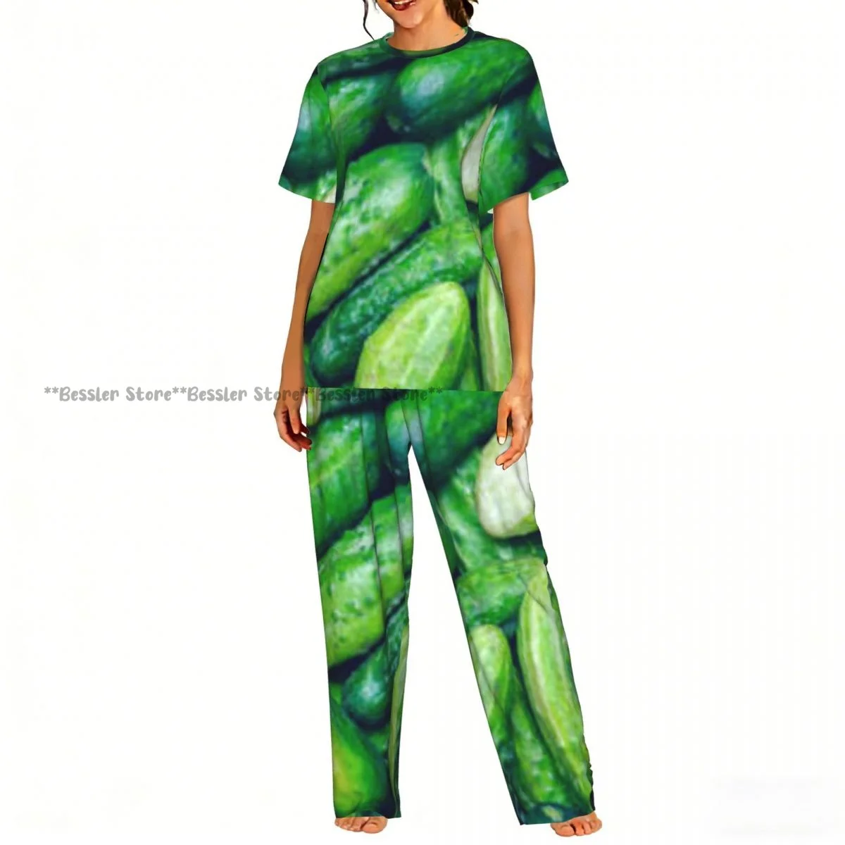 Women's Pajamas Set Fresh Organic Cucumbers Texture Short Sleeve Sleepwear 2 Piece Homewear Loungewear