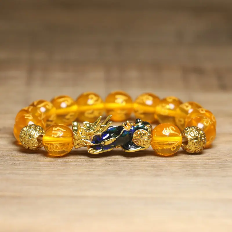Gemstone Beads Bracelet  with Golden Pixiu Charm (Green/Blue/Yellow), Adjustable Wealth Energy Jewelry for Luck & Anxiety Relief