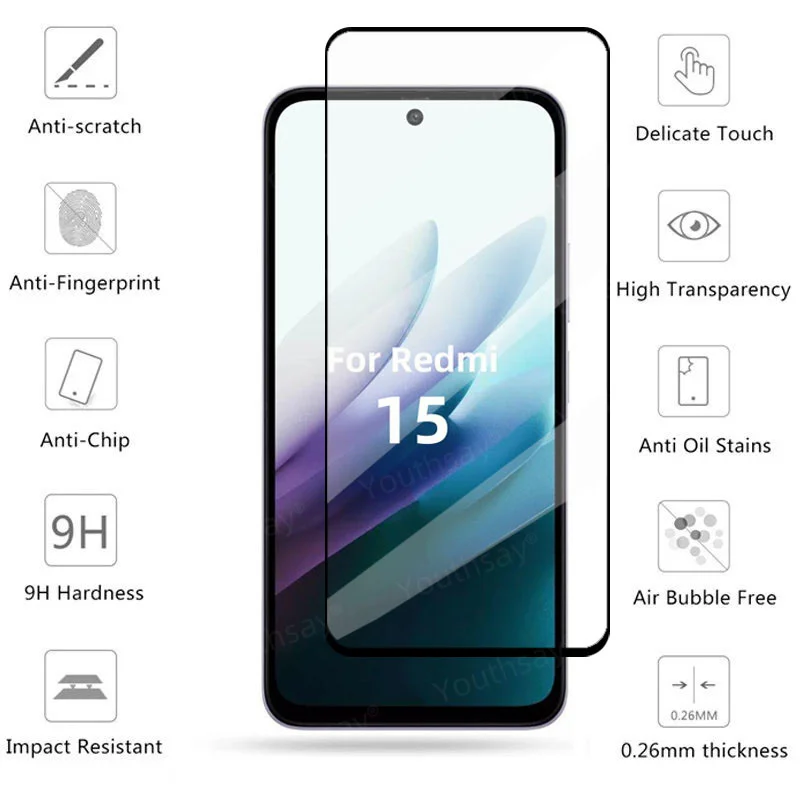 6in1 زجاج ل Redmi 15 غطاء كامل الزجاج المقسى Redmi 15 واقي للشاشة 9H واقية عدسة الهاتف فيلم Redmi 15
