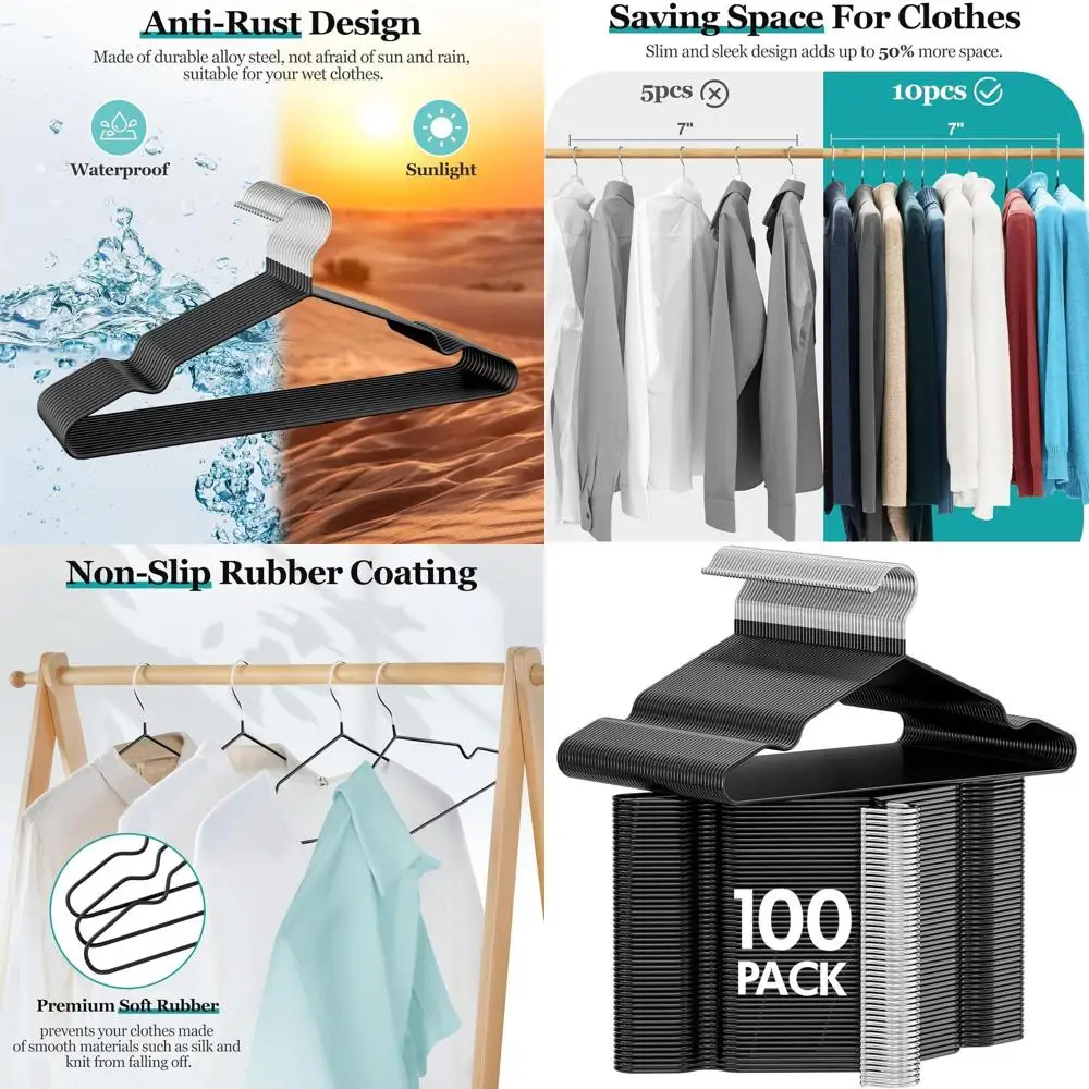 

16 Rubber-Coated Metal Hangers for Strap Dresses, Camisoles, Pants, Coats, Shirts - Heavy Duty, Space-Saving, Black