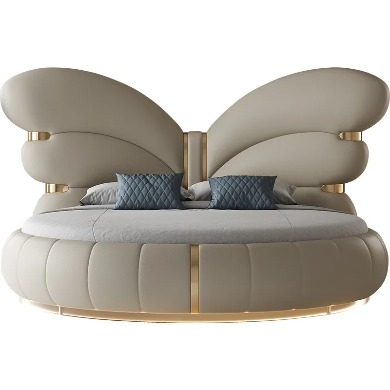Modern light luxury leather bed luxury master bedro cream wind 2 meters large round double