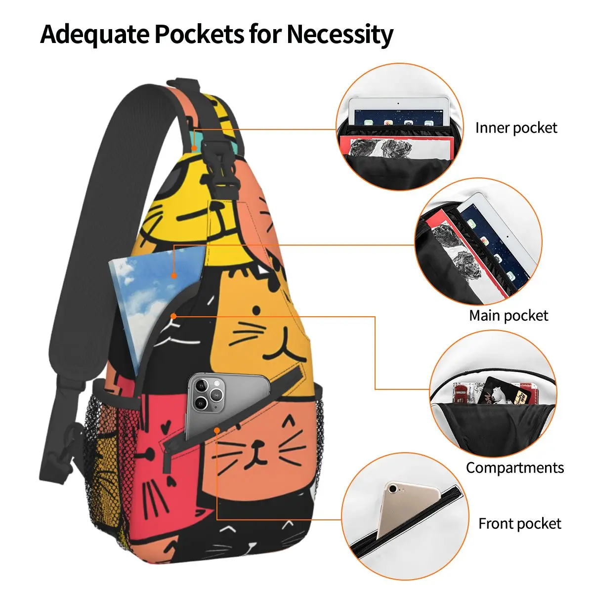 Crossbody Tas Sport Kleurrijke Cartoon Katten Naadloze Patroon Borst Zak Unisex Vrouwen Man Mode Schouder Rugzakken Reizen