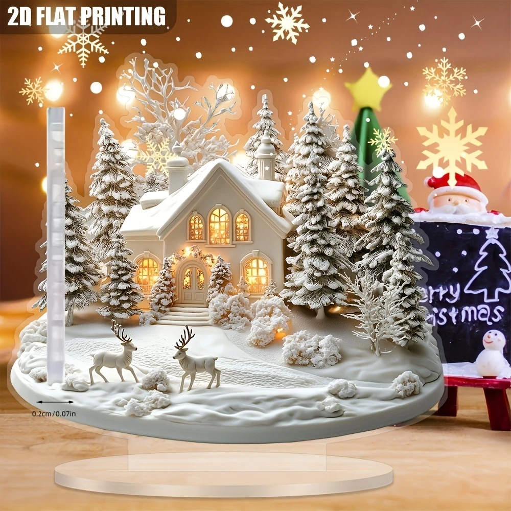 2D-elegantes Weihnachts-Schneehaus-Rentier im böhmischen Stil, 15 cm, Acryl-Ornamente für Tischdekoration, Zuhause, Büro, Neujahrsgeschenk