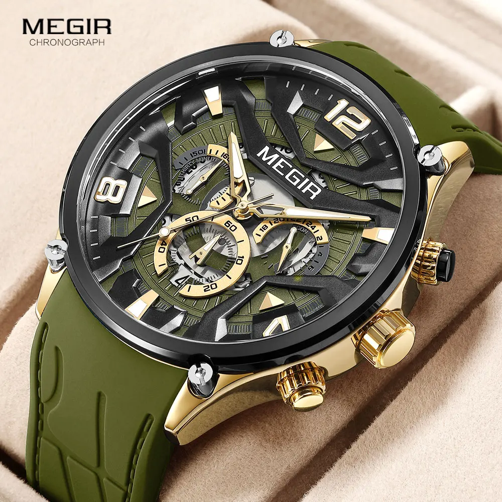 MEGIR Olive Green Sport Watch Men Fashion Silicone Strap Waterproof Chronograph Quartz Wristwatch with Auto Date Luminous Hands