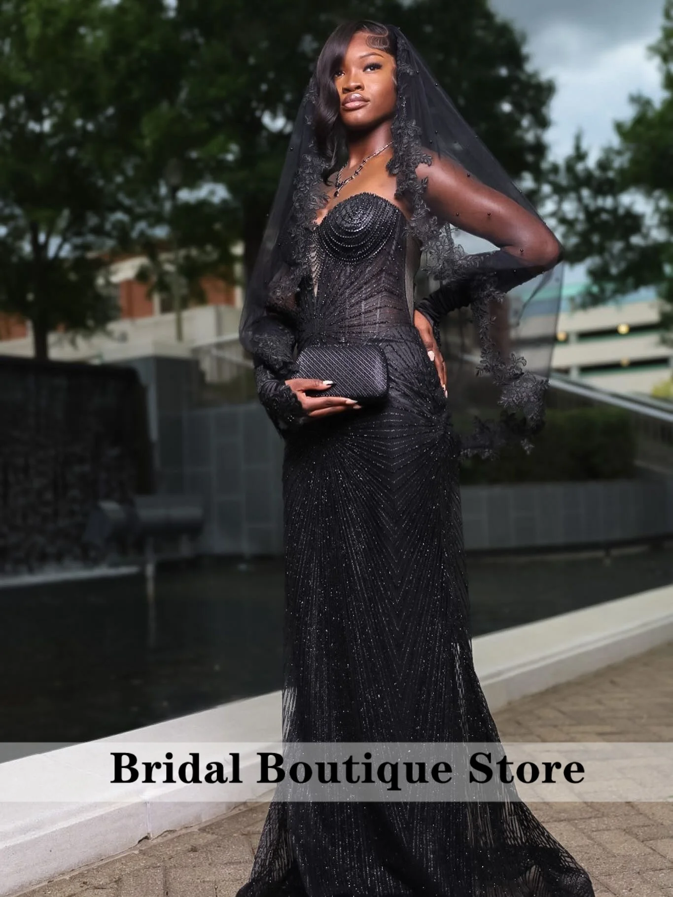 

Gothic Black Beaded Veil Mermaid Formal Evening Prom GownWedding Party Gown Diamonds Customized