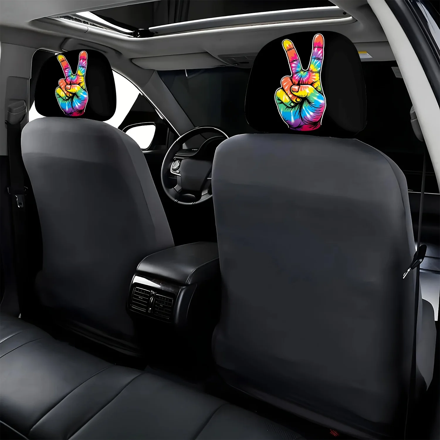 Rainbow Tie-Dye V-Sign Hand Car Headrest Covers 2pcs, Car Interior Accessories, Perfect for Commuting & Travel