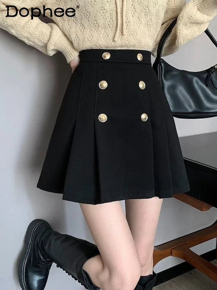 Thickened Woolen Pleated Skirt Women Autumn Winter Skirt 2024 New High-waisted A Line Skirt Female Students Black Pleated Skirts