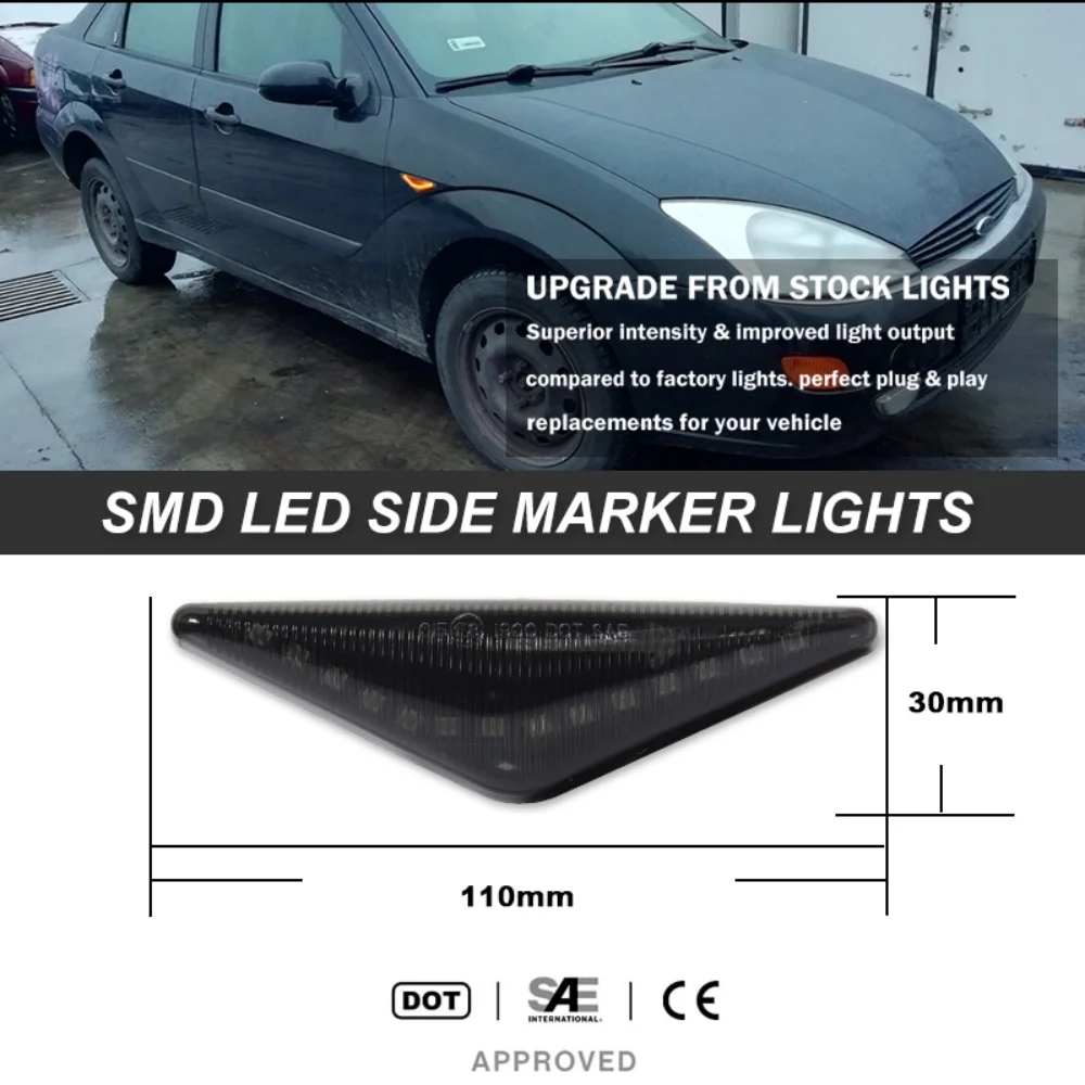 ไฟเลี้ยว LED สีเหลืองอำพันแบบเรียงลำดับสำหรับกันชนหน้ารถยนต์ ไฟสัญญาณบอกตำแหน่งด้านข้าง สำหรับรถฟอร์ด โฟกัส MK1 และ มอนเดโอ MK3