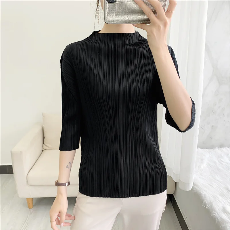 YUDX Miyake My Body My Choice 2023 New Solid Color Half Sleeve High Neck Slim Miyak Women\'s Large Size Casual Spring Summer Top