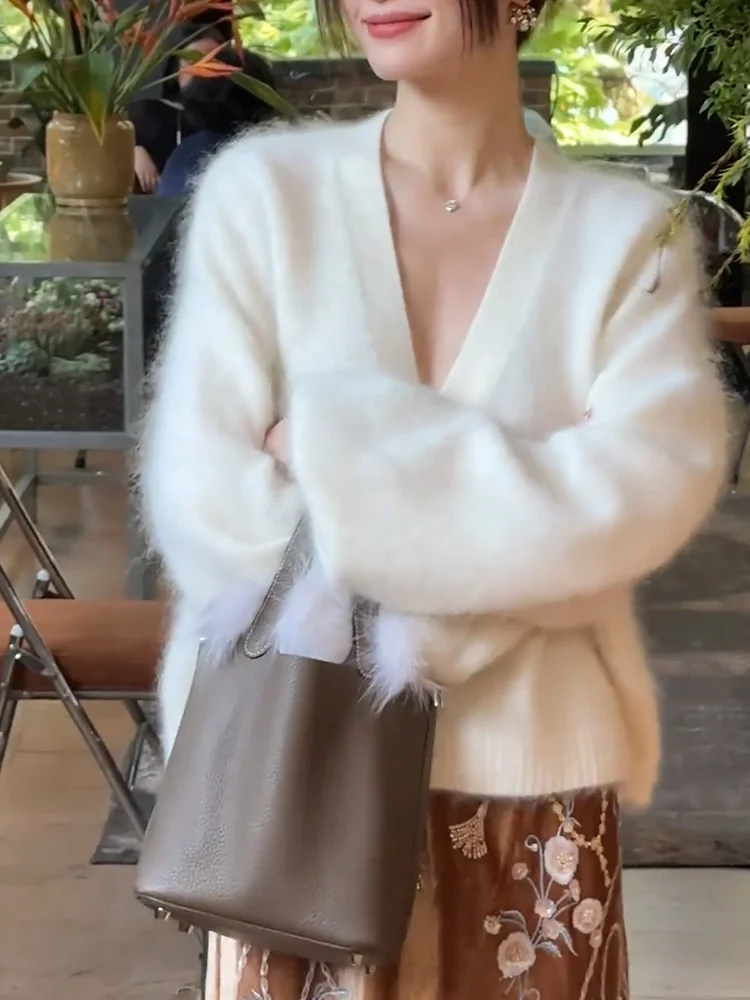 

Мягкий уютный вязаный кардиган с V-образным вырезом, осенняя новинка, большие размеры, универсальный, стройнящий топ, корейский стиль, с длинными рукавами, цвета камуфляж.