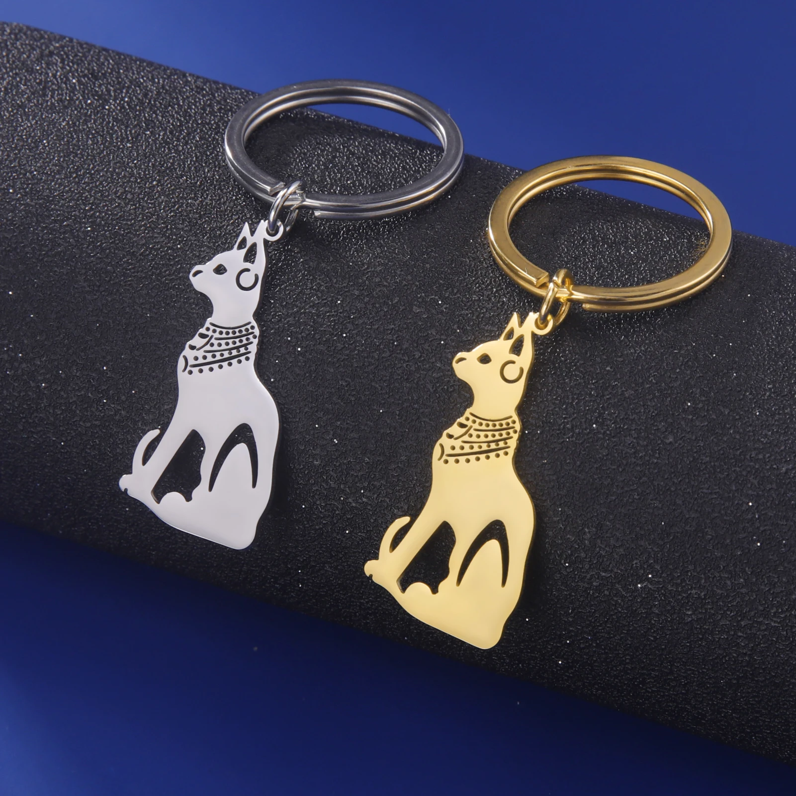 Ancient Egypt Cat Keychain Key Chain Mystic Animal Egyptian Goddess of Protection Pendant Stainless Steel Lover Birthday Jewelry