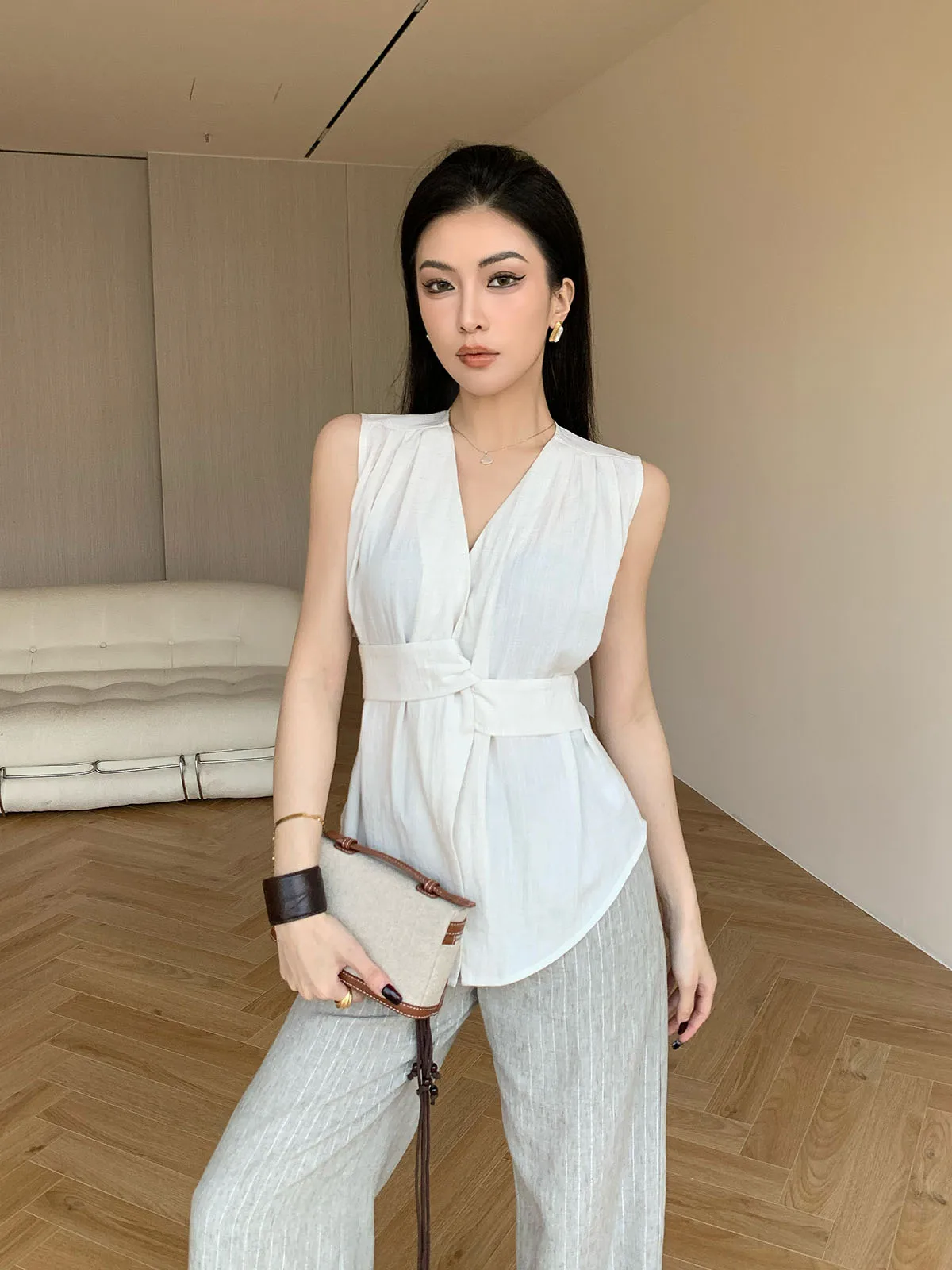 

JiJinQi Svel irt Women's Summer Slim Fit Casual Versatile Top Waist-Cinching Overhead oulder Baring Trendy Top