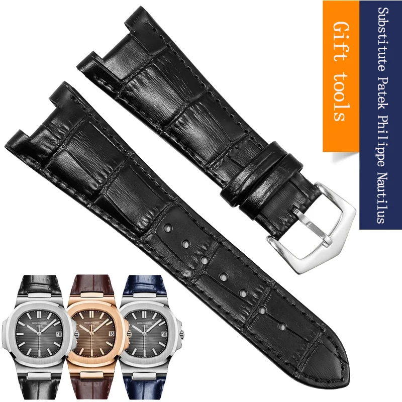 P-a-t-e-k P-h-i-l-i-p-p-e Nautilus Leather Strap 5711 5712 5724 5980 Notch Wrist Watch with 25mm.