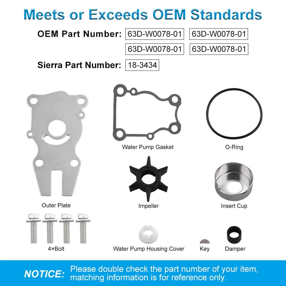 Water Pump Impeller Repair Kit For Yamaha Outboard 40HP 50HP 60HP Replaces 63D-W0078-01-00 63D-W0078-00-00 Motorcycle​ 18-3434