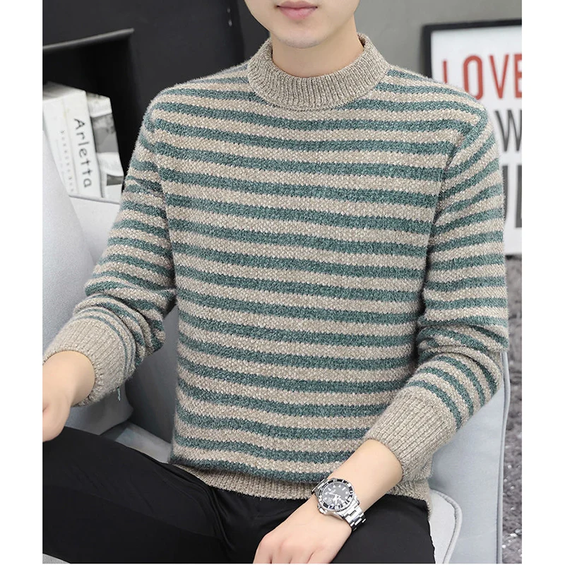 

Fashion Stand Collar Spliced Casual Striped Sweaters Men's Clothing 2023 Winter Loose Knitted All-match Pullovers Korean Tops