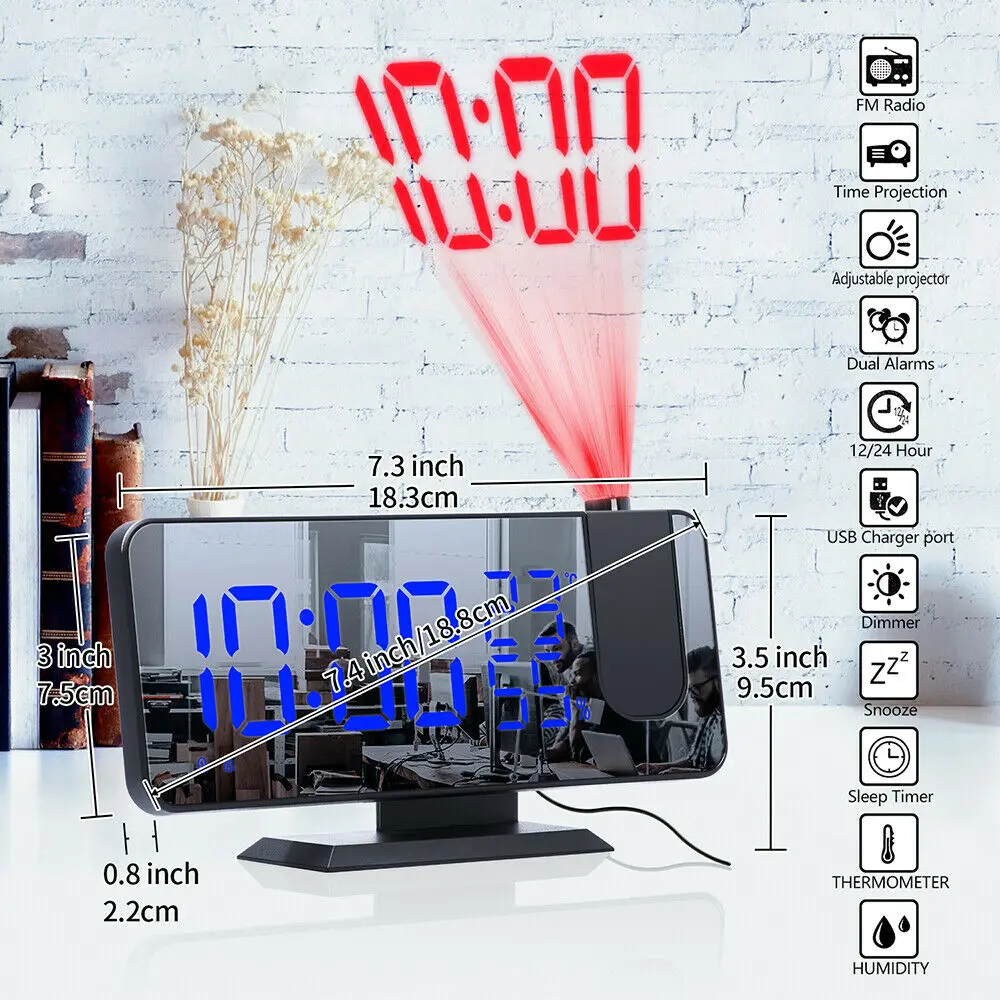 LED Digital Alarm Clock Watch Table Electronic Desktop Clocks USB Wake Up FM Radio Time Projector Snooze Function 2 Alarm