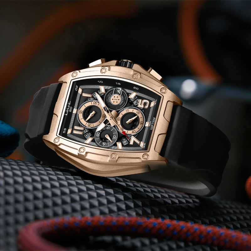 LIGE Sports Men's Watch Luxury Fashion Watches For Men Unique Square Design Watch Chronograph Quartz Waterproof Tape Wristwatch