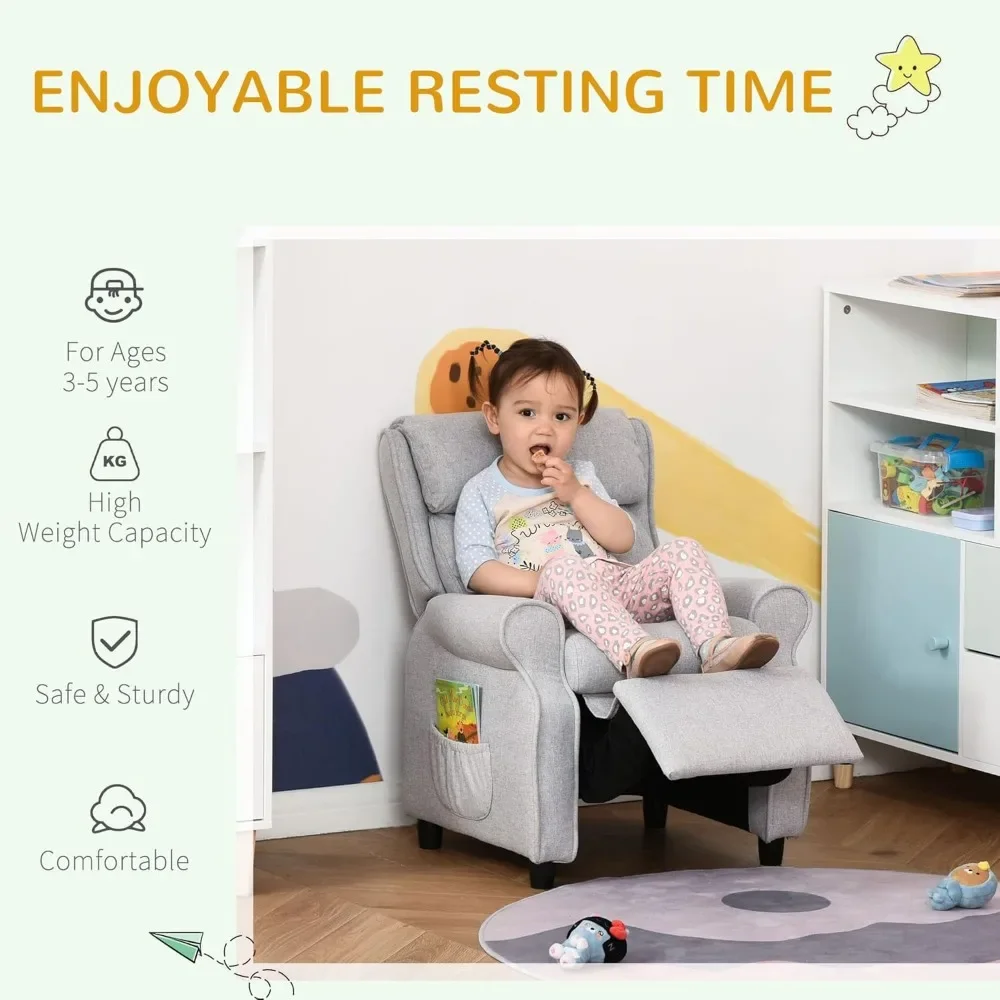 Fauteuil inclinable pour enfants avec repose-pieds, angle réglable, chaise longue simple, fauteuil de jeu, 2 poches latérales