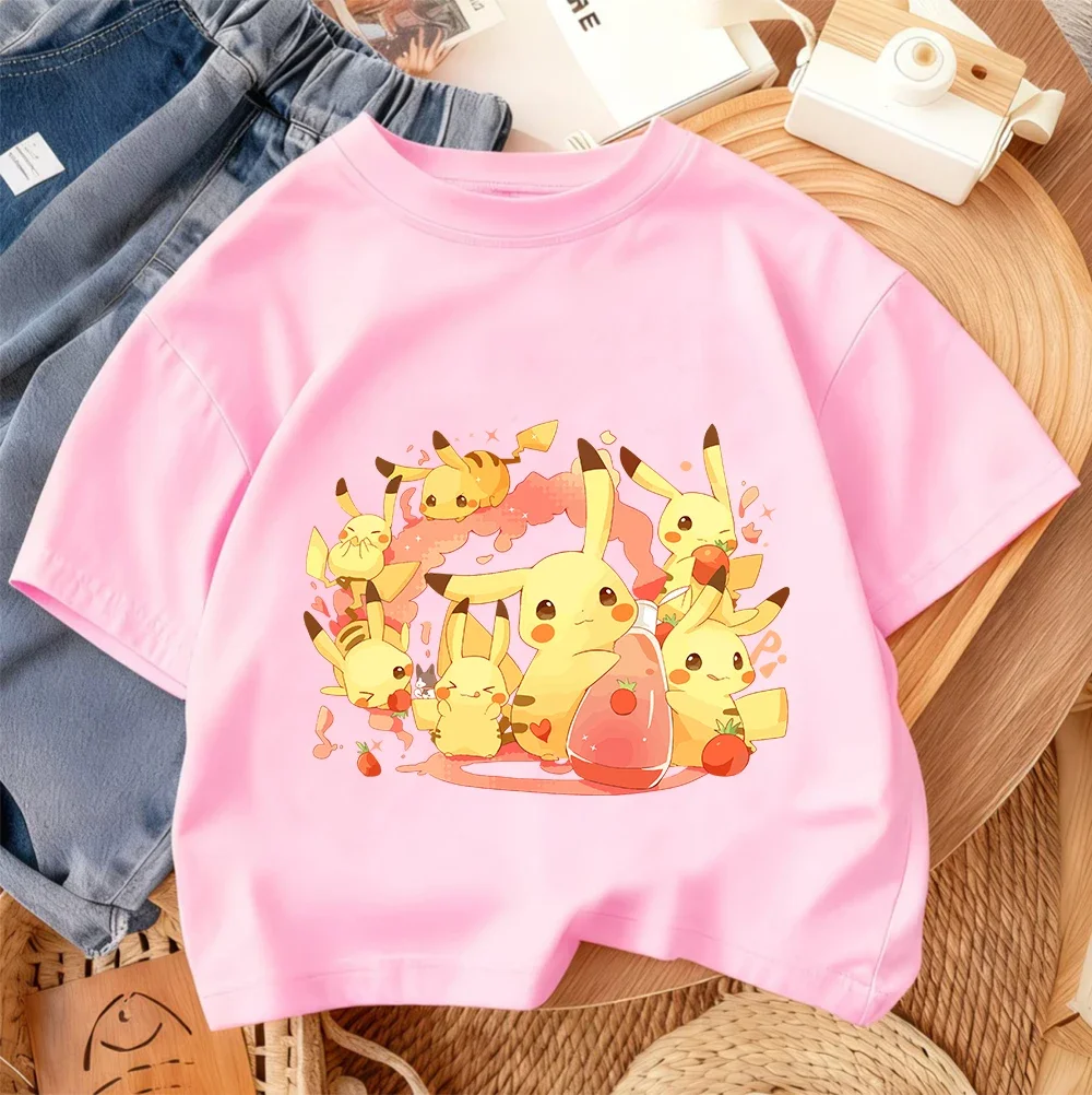 

Летняя повседневная футболка для мальчиков и девочек с дизайном Пикачу, модная детская одежда в уличном стиле, от 3 до 14 лет