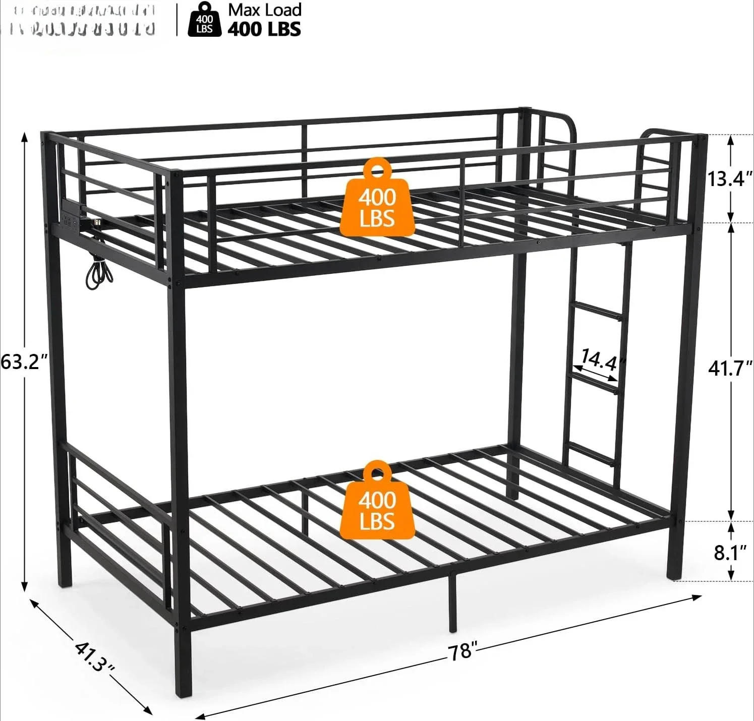 【割引価格、熱い販売！ ]金属二段ベッドフレームツインオーバーツイン、LEDライト付き、滑り止めはしご、全長ガードレール、Chargi