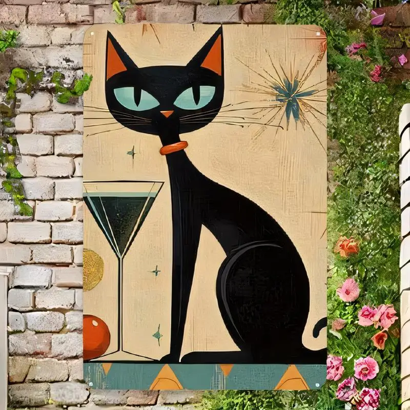 Vintage Metal Tin Sign, Black Cat & Martini Retro Mid - Century Design, Iron Wall Art for Bars/Cafes/Home Decor