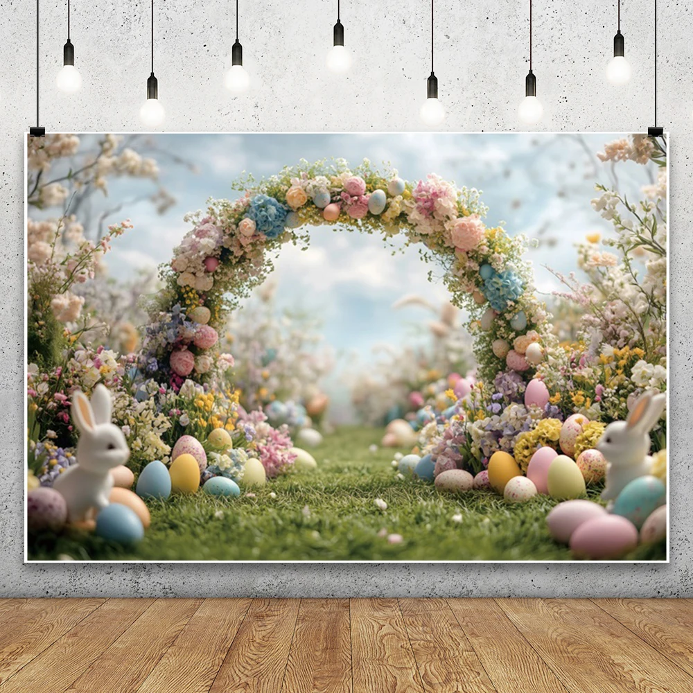 Spring Easter Photography Backdrop Flower Plant Arch Vine Wall Green Grass Eggs Baby Shower Kids Adult Portrait Photo Background