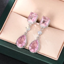 Huitan Pink/Yellow Cubic Zirconia Hanging Earrings for Women Romantic Pear CZ Dangle Earrings Wedding Party Luxury Trend Jewelry