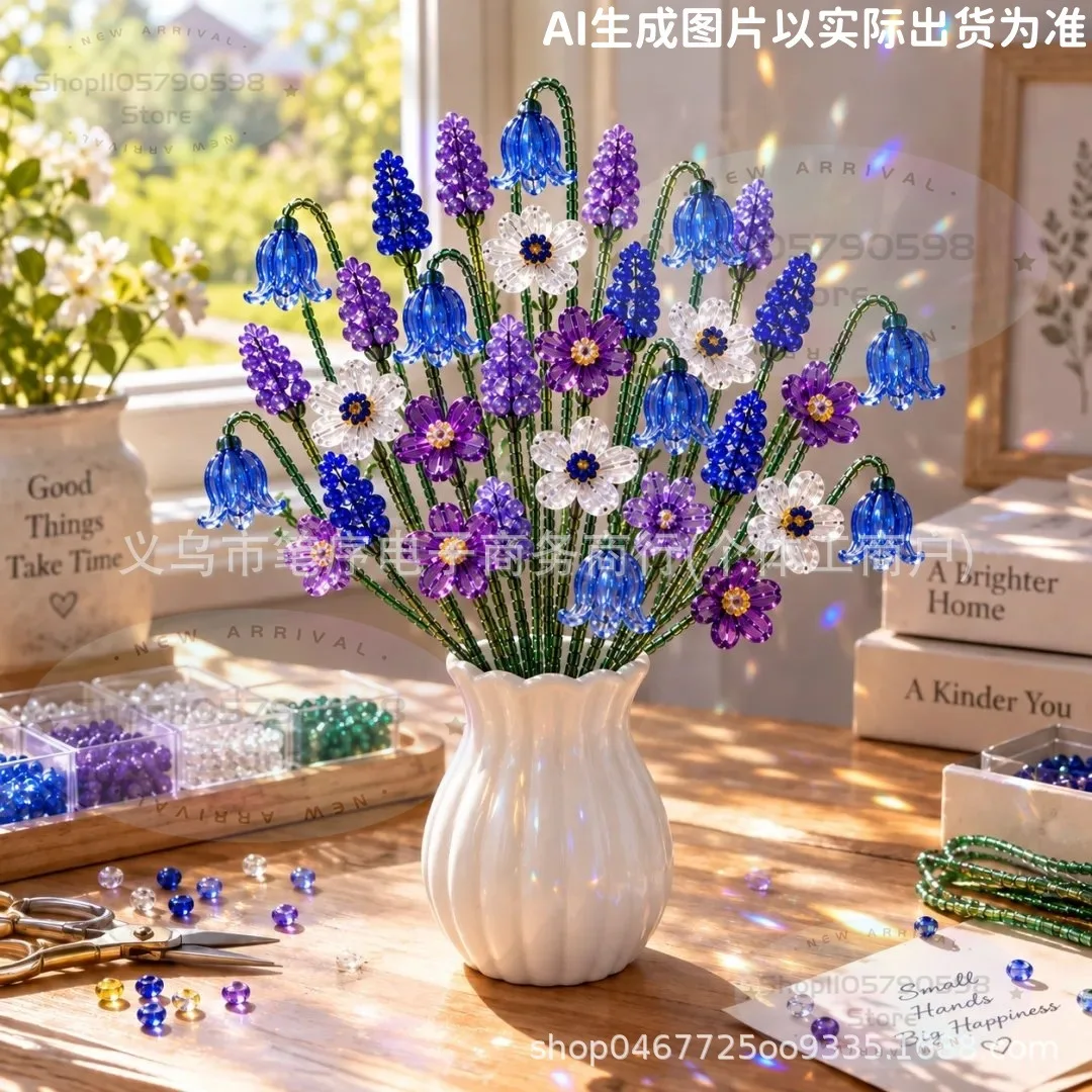 DIY Beaded Wildflower Bouquet Kit, Handmade Crystal-Style Flower Craft Set with Beads, Flexible Wire and Bonsai Pot for Home