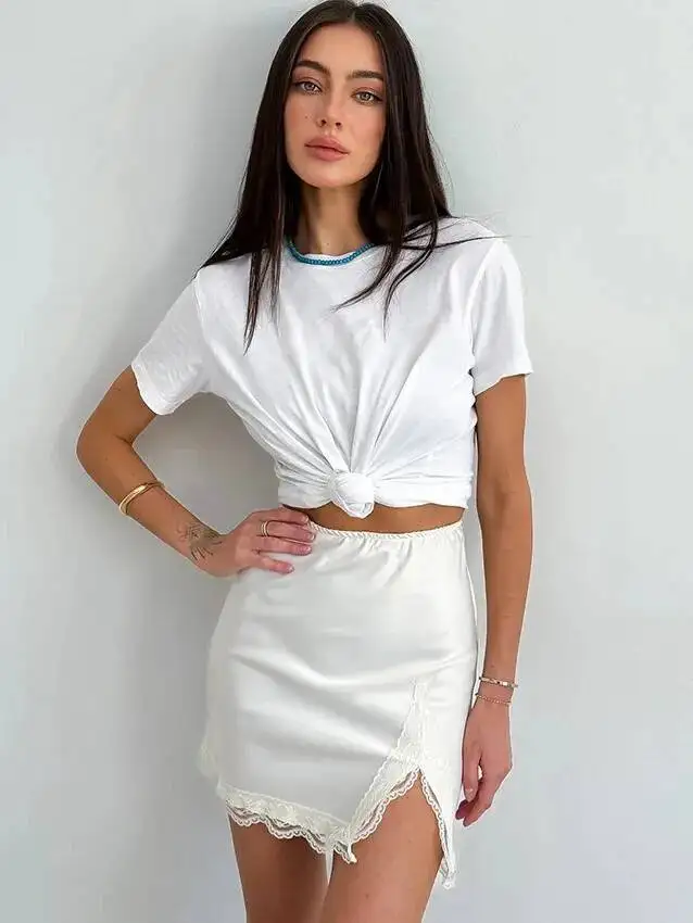 Élégant Satin broderie crayon jupes été Sexy taille haute fendu Mini jupes pour les femmes mode mince jupe femme 2025 KL97