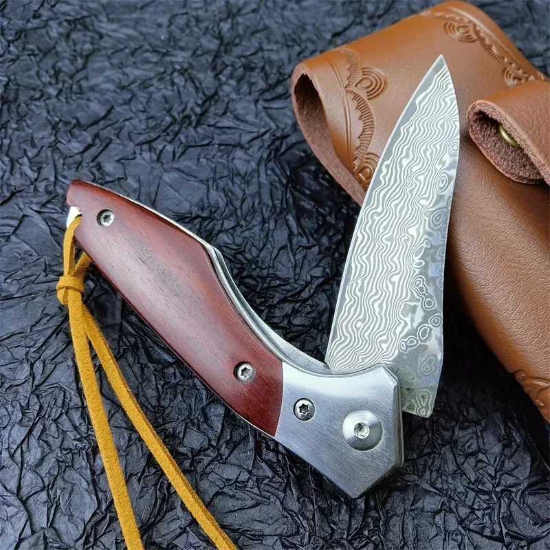 New VG10 Damascus Steel Japanese Kitchen Fruit Knife Camping Hunting Folding Survival Pocket Knife Tactical EDC Gear Wood Handle