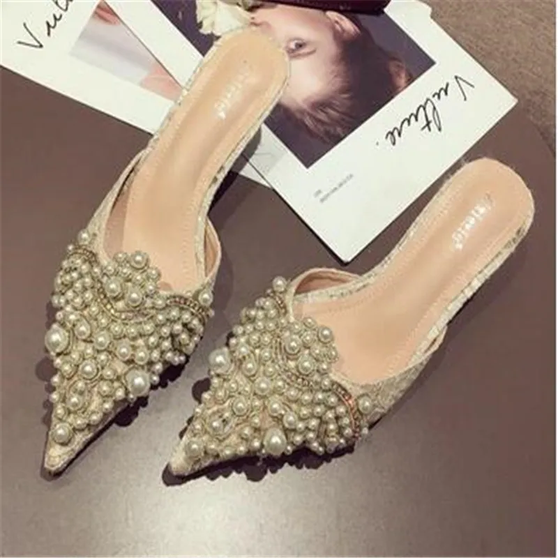 Spring/Autumn Fashion Sexy Women Shoes Elegant String Bead Crystal Patchwork Slip-On 35-42 Thin Heels Slipper NEW 2023
