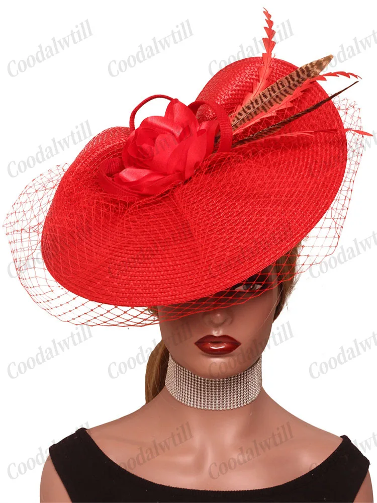 

Очаровательная красная вуаль, перья, свадебная сетчатая шляпа, цветок невесты, коктейль, чаепитие, головной убор, женская шляпа, повязка на голову, аксессуар для волос
