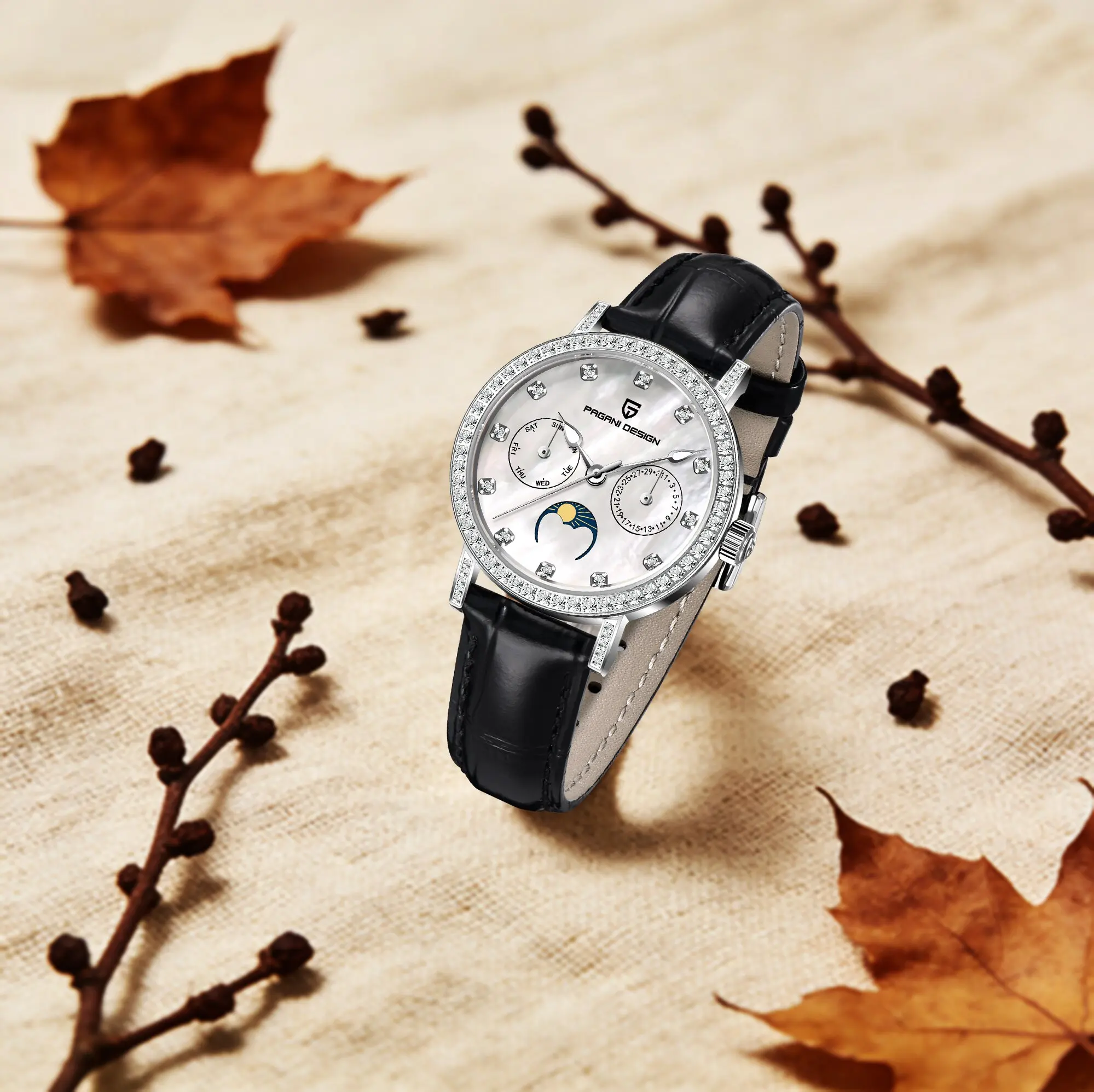 PAGANI DESIGN Elite Luxury Lady Quartz Watch Classic Leather Strap Sapphire Mirror Weekly Display Calendar Moon Phase Dive Watch view 4