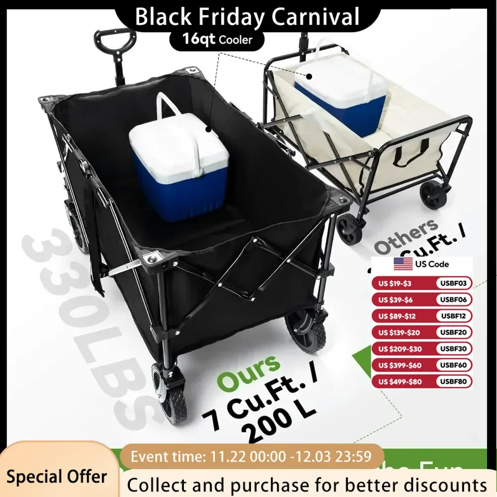 Collapsible Wagon 330LBS Capacity, Wagons Carts Foldable, Heavy Duty Folding Wagon with All-Terrain Wheels, Garden Carts